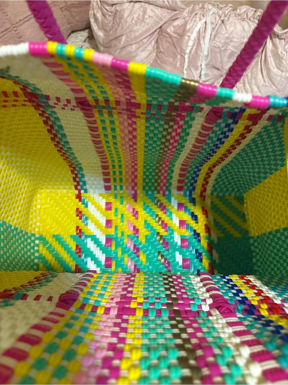Handwoven Multicolor Tote Bag with Pink Handles